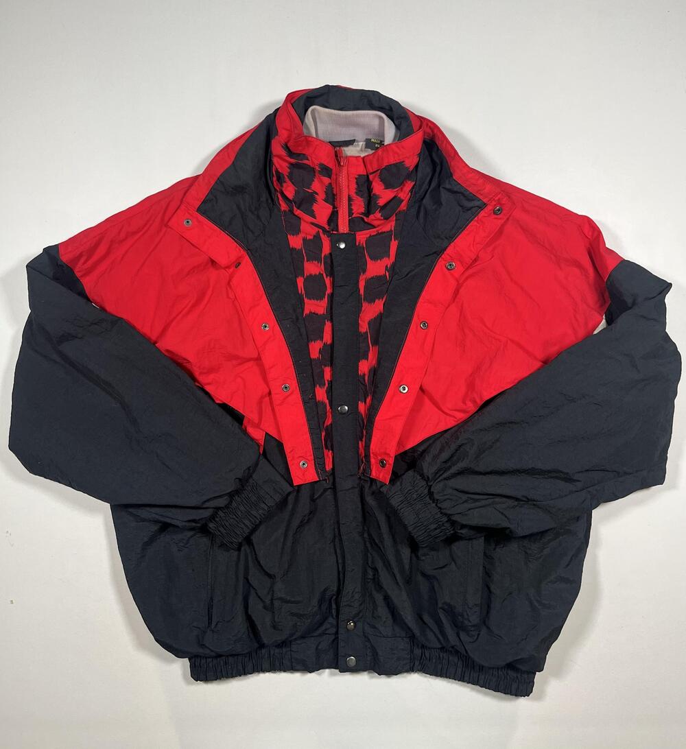 Vintage Winston Jacket Mens XL Red Black Nylon Windbreaker Geometric Logo Lined
